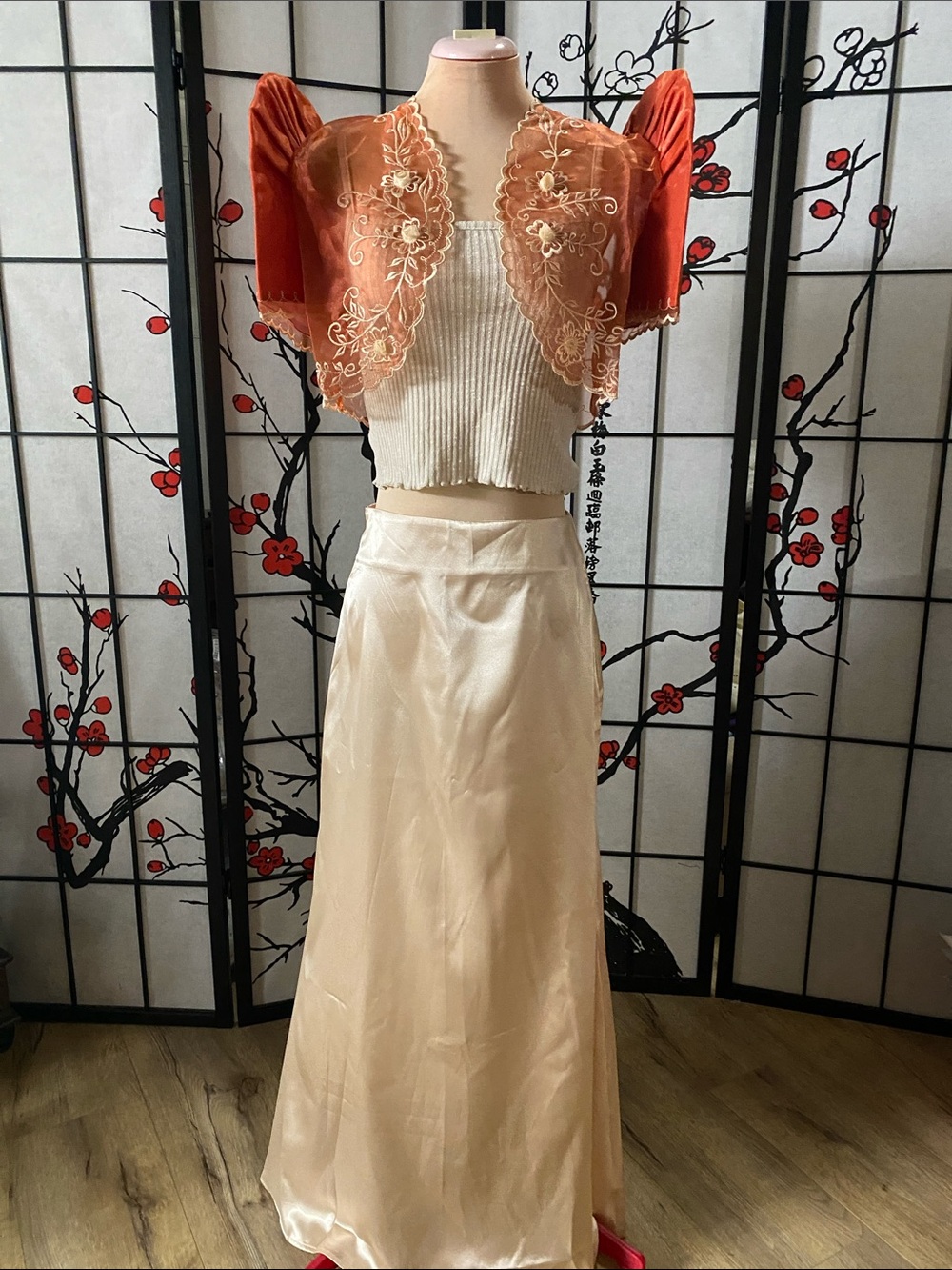 Elegant Filipiniana Bolero with Set of Cream Satin Maxi Skirt -tank top not incl